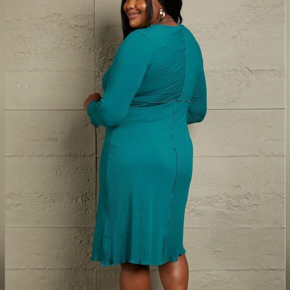 Culture Code Teal Long Sleeve Chevron Upper Bodycon Midi Dress size Medium - Picture 4 of 7